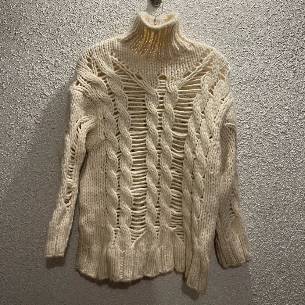 Zara Open Cable Knit Turtleneck Cream Sweater#369